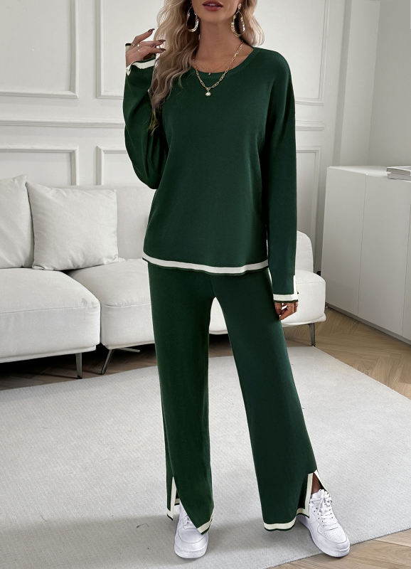 Green Knitted Long Sleeve Top and Split Pant Set