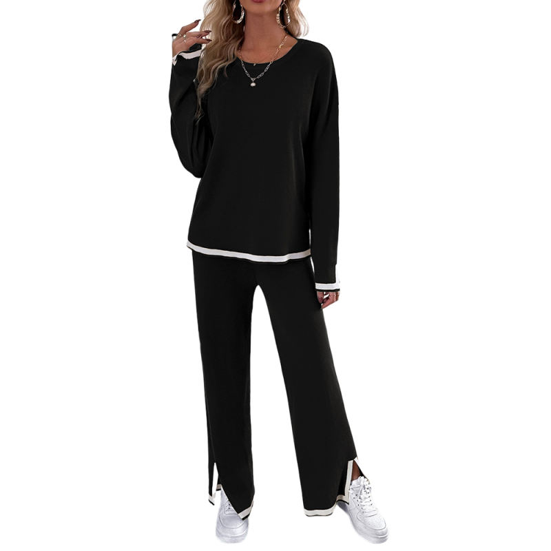 Black Knitted Long Sleeve Top and Split Pant Set