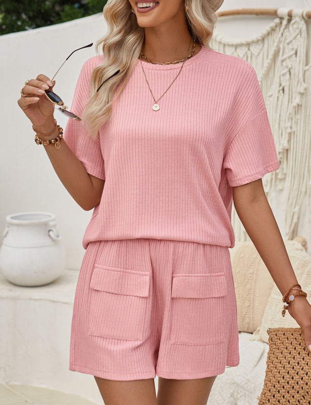 Pink Knit Short Sleeve Top and Pocket Shorts Set