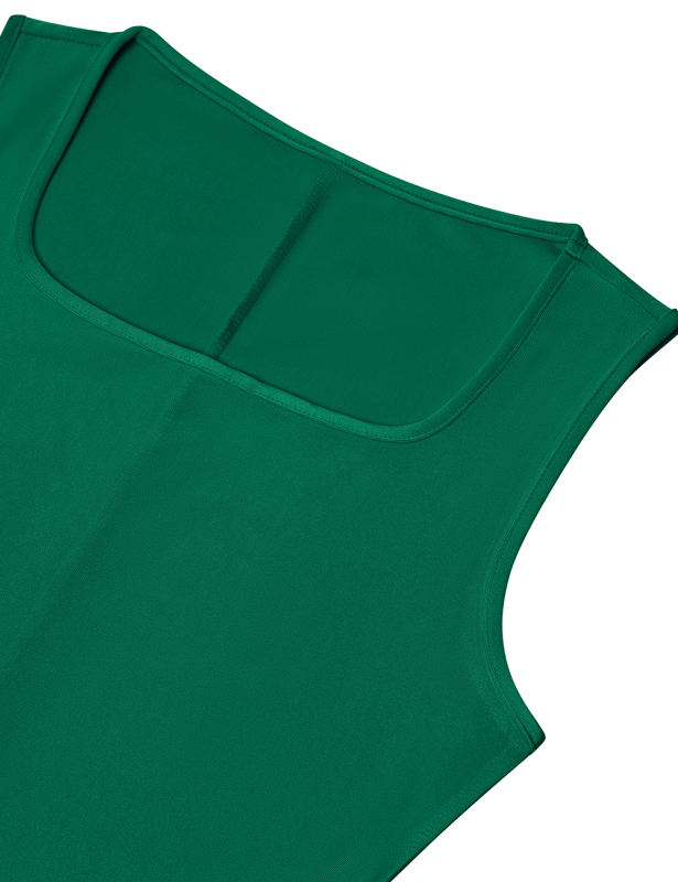 Dark Green Square Neck Tie Waist Split Sleeveless Dress