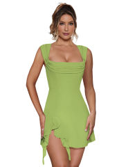 Green Ruffle Hem Side Split Square Neck Dress