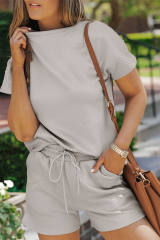 Gray 2pcs Solid Textured Drawstring Shorts Set