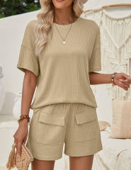 Khaki Knit Short Sleeve Top and Pocket Shorts Set