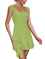 Green Ruffle Hem Side Split Square Neck Dress