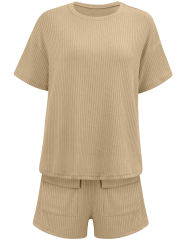 Khaki Knit Short Sleeve Top and Pocket Shorts Set