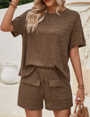 Coffee Knit Short Sleeve Top and Pocket Shorts Set