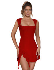 Red Ruffle Hem Side Split Square Neck Dress