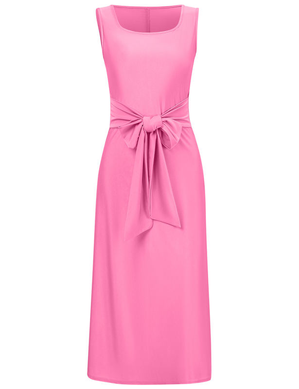 Pink Square Neck Tie Waist Split Sleeveless Dress