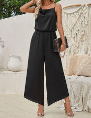 Black Solid Color Sleeveless Wide Leg Jumpsuit