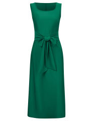 Dark Green Square Neck Tie Waist Split Sleeveless Dress