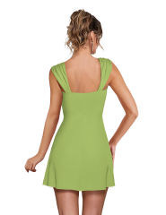 Green Ruffle Hem Side Split Square Neck Dress
