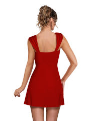 Red Ruffle Hem Side Split Square Neck Dress