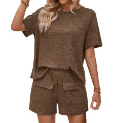 Coffee Knit Short Sleeve Top and Pocket Shorts Set