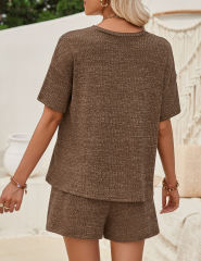 Coffee Knit Short Sleeve Top and Pocket Shorts Set