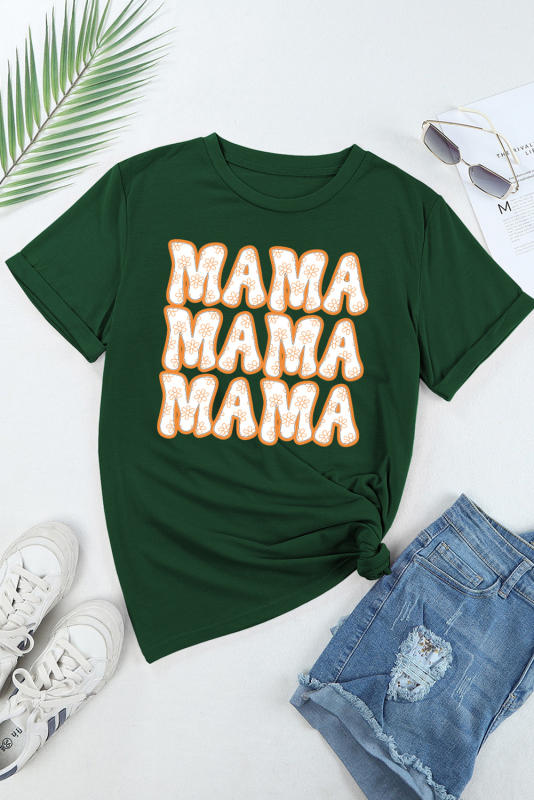 Green MAMA Flower Slogan Print Crew Neck T Shirt