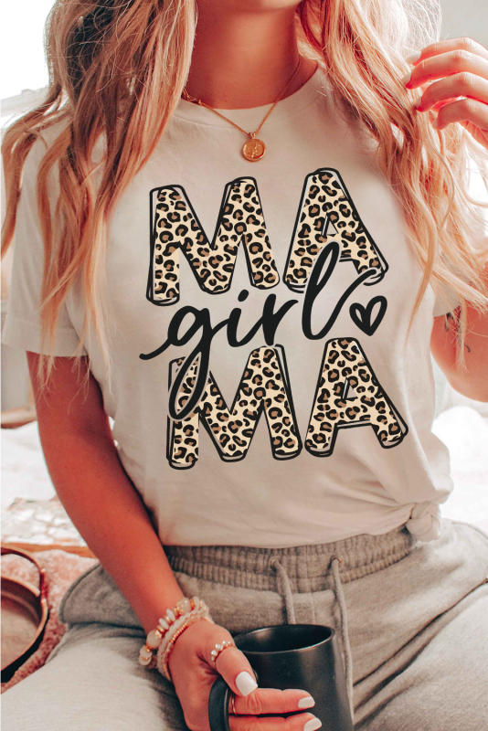 Khaki Lovely Mama Girl Leopard Graphic T Shirt