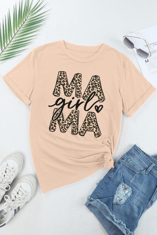 Khaki Lovely Mama Girl Leopard Graphic T Shirt