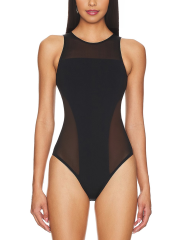 Black Round Neck Spliced Mesh Sleeveless Bodysuit
