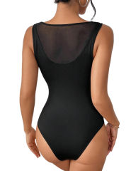 Black Mesh Patchwork Square Neck Sleeveless Bodysuit