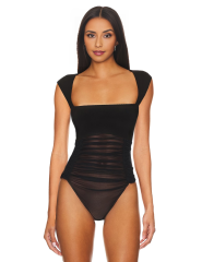 Black Square Neck Spliced Mesh Pleated Sleeveless Bodysuit