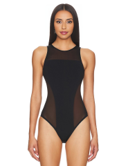 Black Round Neck Spliced Mesh Sleeveless Bodysuit