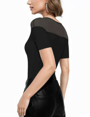 Black Mesh Patchwork Short Sleeve Bodysuit
