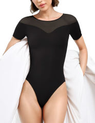 Black Mesh Patchwork Short Sleeve Bodysuit