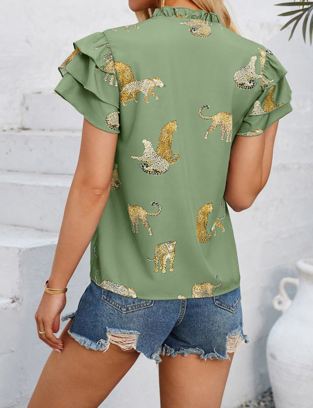 Green Printed Lace-up V Neck Ruffle Sleeve Blouse