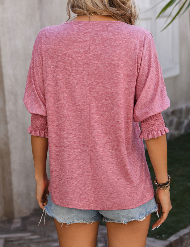 Pink V Neckline Pleated Cuffs T-shirt