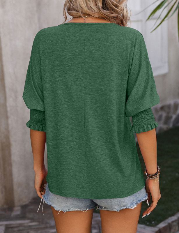 Green V Neckline Pleated Cuffs T-shirt
