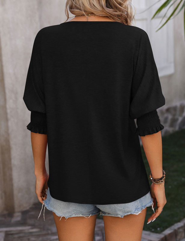 Black V Neckline Pleated Cuffs T-shirt