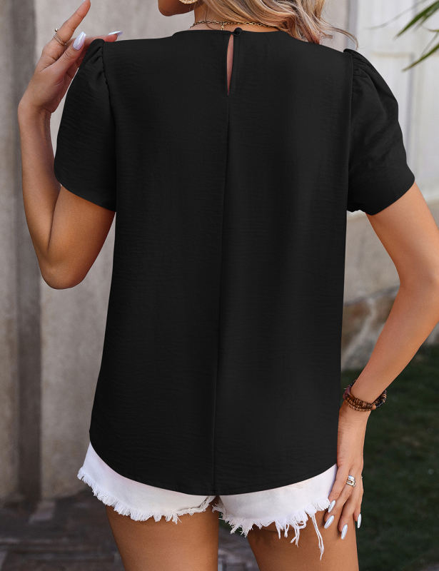 Black Solid Color Pleated Detail Short Sleeve Tops