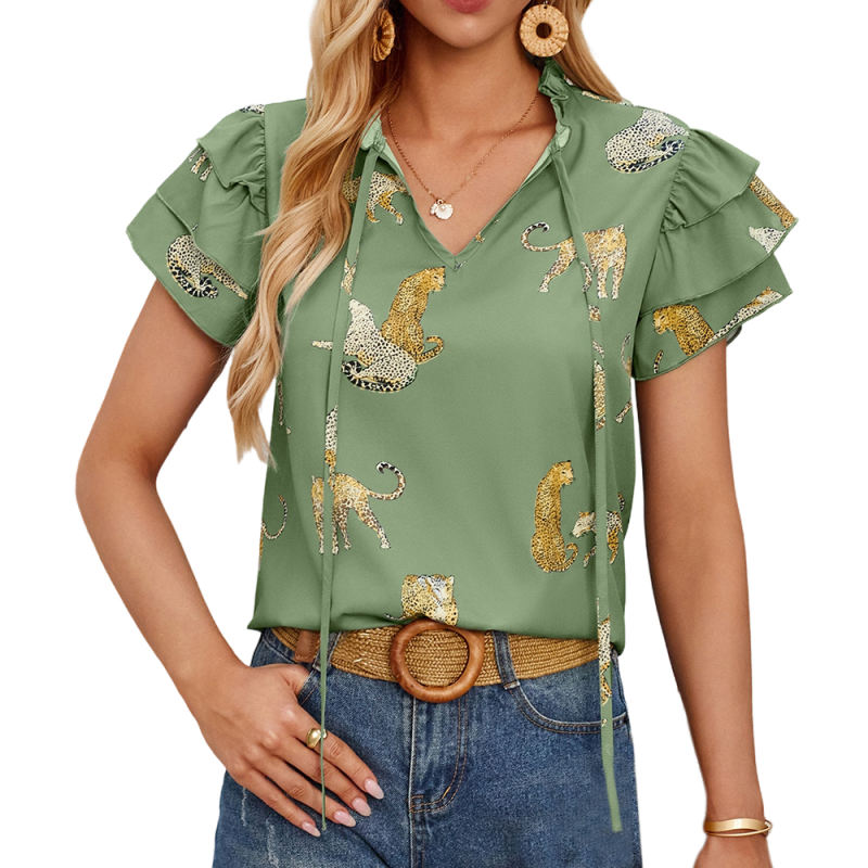 Green Printed Lace-up V Neck Ruffle Sleeve Blouse