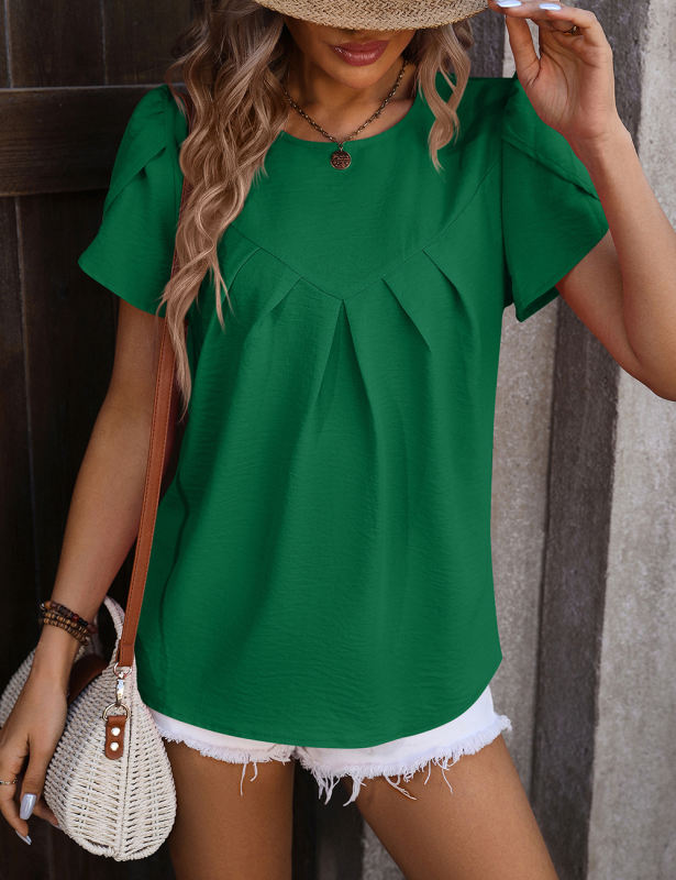 Green Solid Color Pleated Detail Short Sleeve Tops