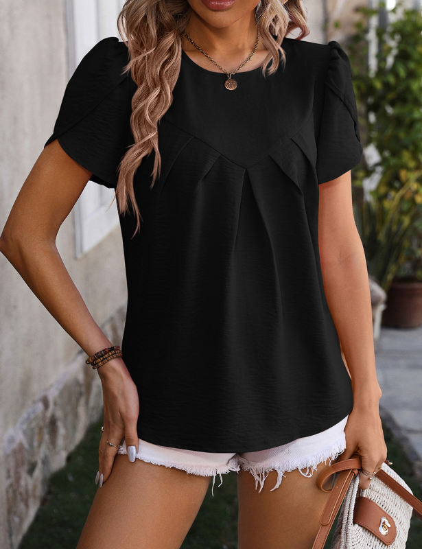 Black Solid Color Pleated Detail Short Sleeve Tops