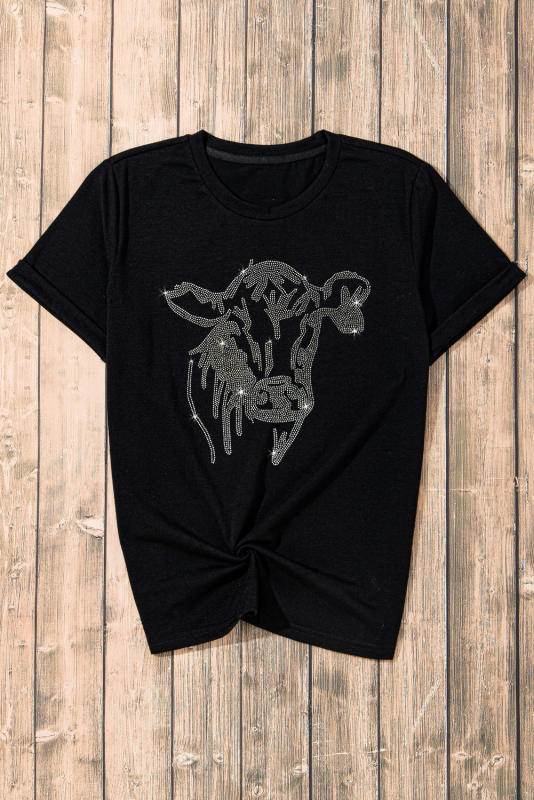 Black Rhinestone Steer Head Graphic Fashion T Shirt
