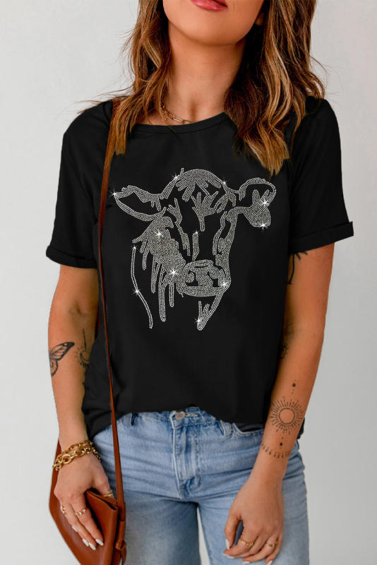 Black Rhinestone Steer Head Graphic Fashion T Shirt