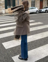 Camel Lapel Collar Long Sleeve Blazer with Tassels