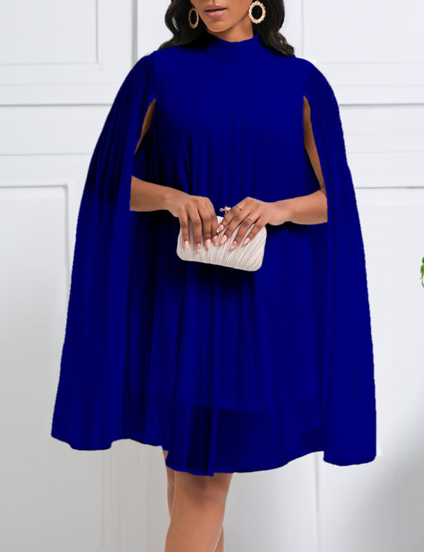 Dark Blue Chiffon Cape Bat Sleeve Plus Size Dress