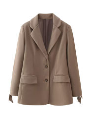Camel Lapel Collar Long Sleeve Blazer with Tassels