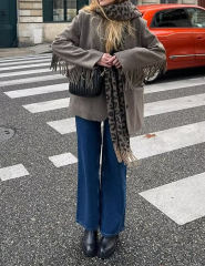 Camel Lapel Collar Long Sleeve Blazer with Tassels