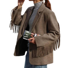 Camel Lapel Collar Long Sleeve Blazer with Tassels