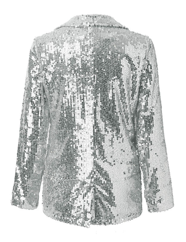 Silver Sequined Lapel Neck Open Front Blazer