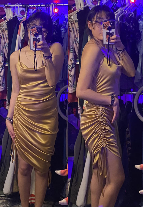 Gold Spaghetti Straps Sides Drawstring Bodycon Dress