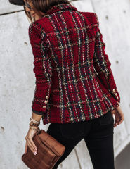 Burgundy Checked Double Breasted Long Sleeve Blazer