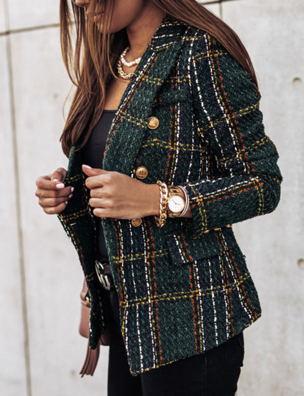 Dark Green Checked Double Breasted Long Sleeve Blazer