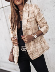 Khaki Checked Double Breasted Long Sleeve Blazer