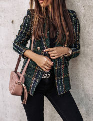 Dark Green Checked Double Breasted Long Sleeve Blazer