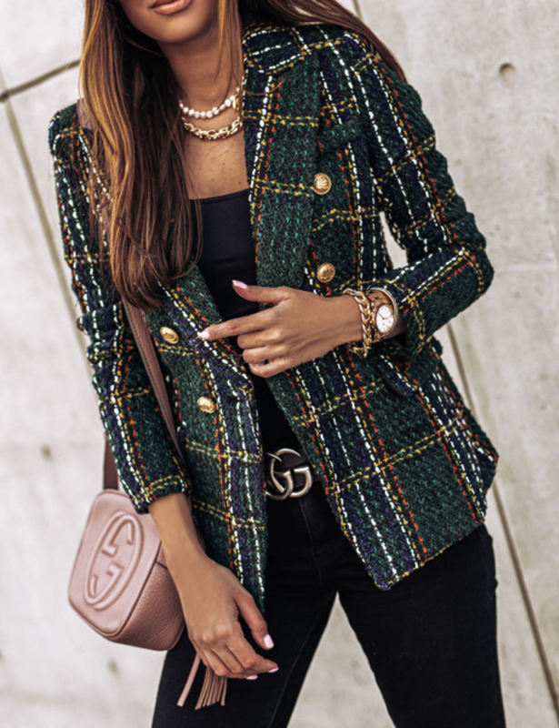 Dark Green Checked Double Breasted Long Sleeve Blazer