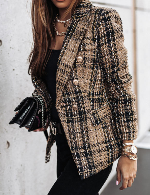 Brown Checked Double Breasted Long Sleeve Blazer
